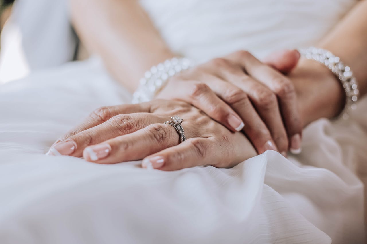 Close-up image of a bride's hands adorned with a wedding ring and jewelry, showcasing elegance.